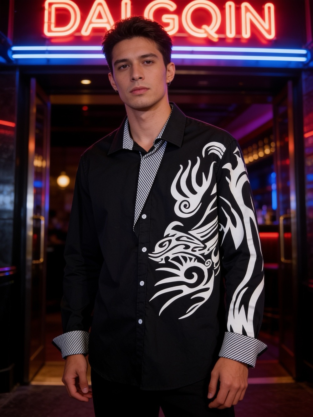Black Casual Button-Down Shirt with White Tribal Print